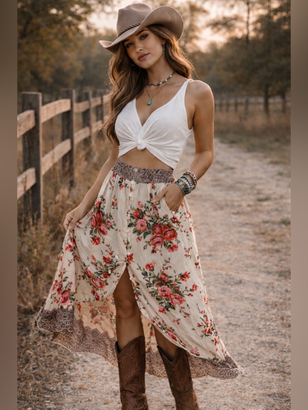 Angie Boho Floral Button Front Midi Skirt Lace Waist Size M